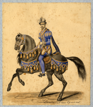 32660 Afbeelding van een kostuumontwerp van Lamoraal van Egmond te paard, figurant in de maskerade van de studenten van ...